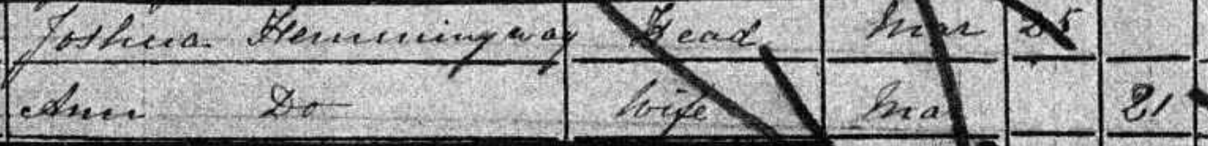 A clipping from an 1851 census enumerator book showing a Hannah Hemmingway listed alongside her husband