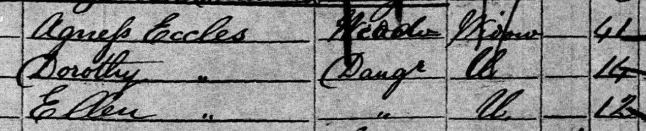 Census Enumerator’s Book showing the entry for Ellen Eccles, which is below her mother Agnes Eccles and her sister Dorothy Eccles