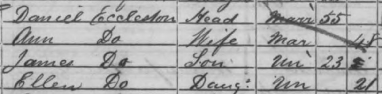 Census Enumerator’s Book showing the entry for Ellen Eccleston, which is below her father and mother, Daniel and Ann Eccleston, and her brother James.