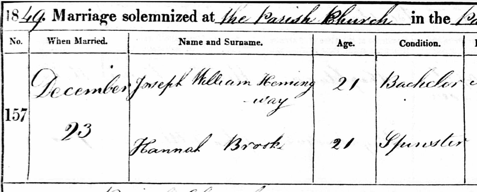 A clipping from an 1849 marriage register for a Hannah Brook and Joseph William Hemmingway