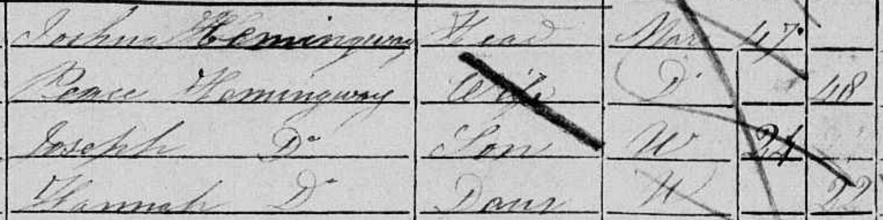 A clipping from an 1851 census enumerator book showing a Hannah Hemmingway listed alongside her family