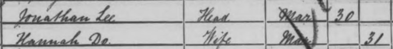 A clipping from an 1861 census enumerator book showing a Hannah Lee, nƩe Hemmingway