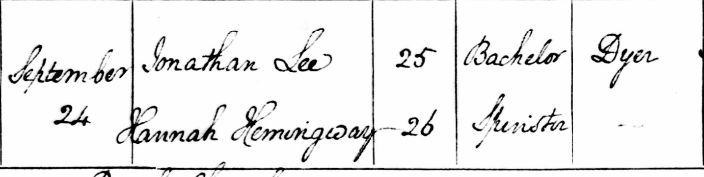 A clipping from an 1855 marriage register for a Hannah Hemmingway and Johnathan Lee